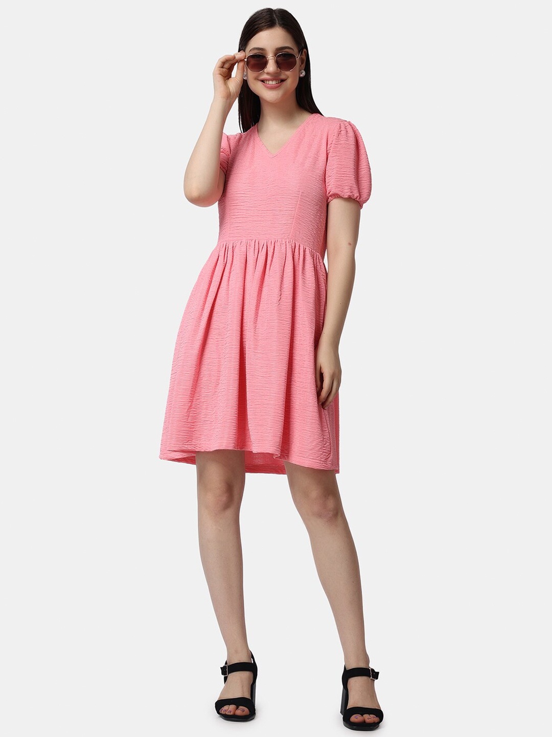 

Popwings Puff Sleeves V-Neck Gathered Fit & Flare Dress, Pink