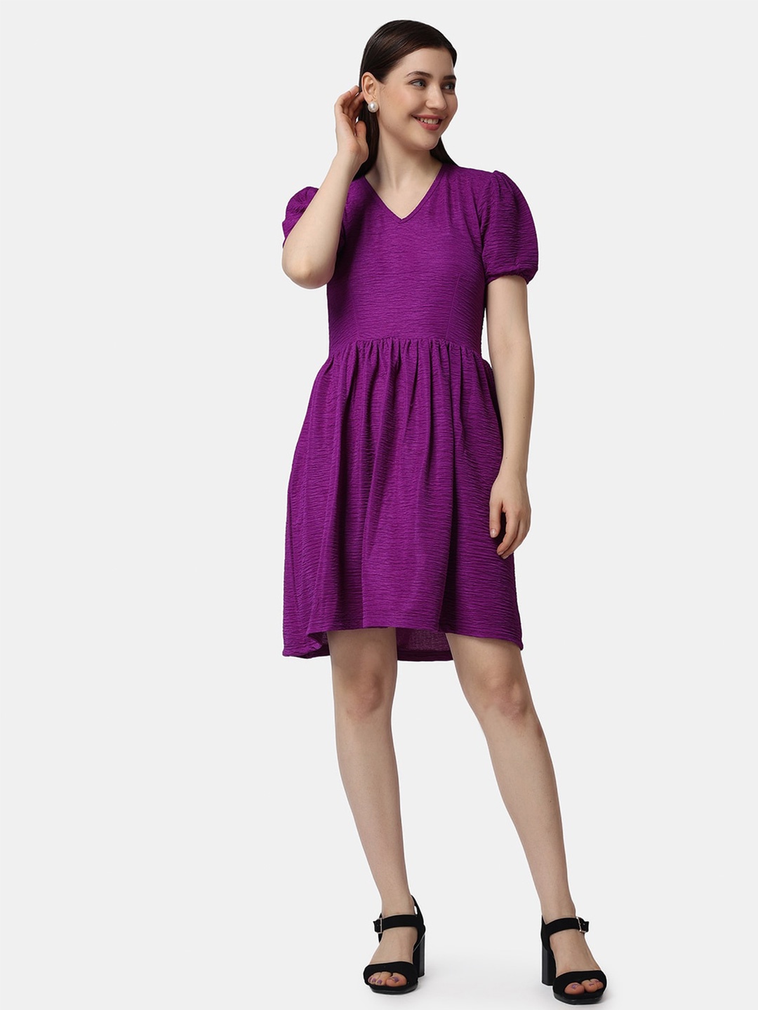 

Popwings Puff Sleeves V-Neck Gathered Fit & Flare Dress, Purple