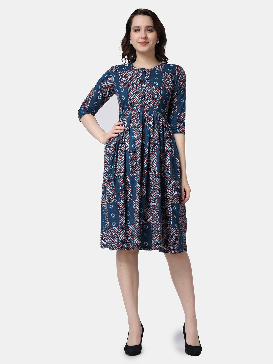 

Popwings Geometric Printed Fit & Flare Dress, Navy blue