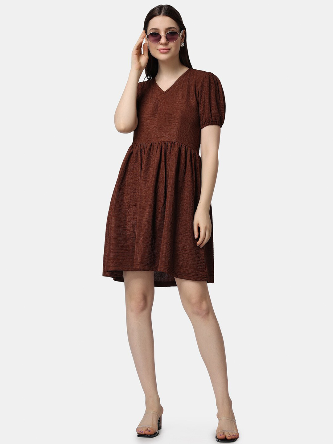 

Popwings Puff Sleeves V-Neck Gathered Fit & Flare Dress, Coffee brown