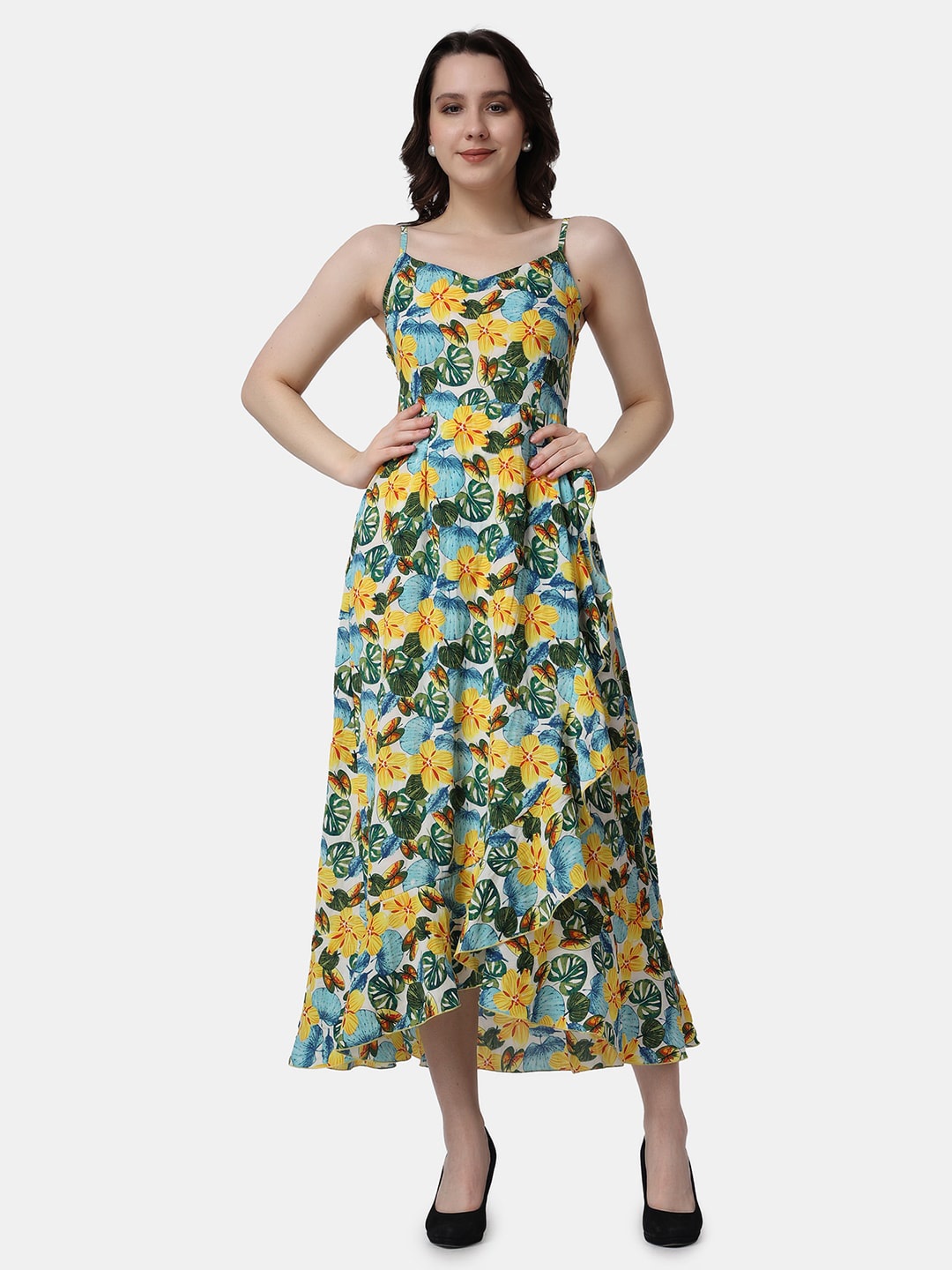 

Popwings Floral Printed Shoulder Strap Gathered Fit & Flare Midi Dress, Green