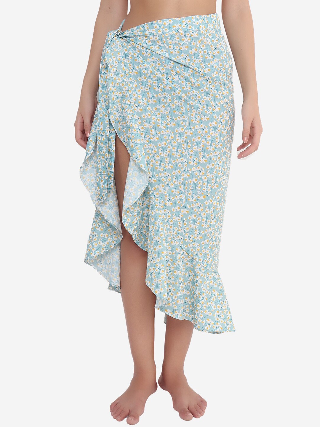 

Beau Design Floral Printed Ruffled Detail Cover Up Skirt, Blue