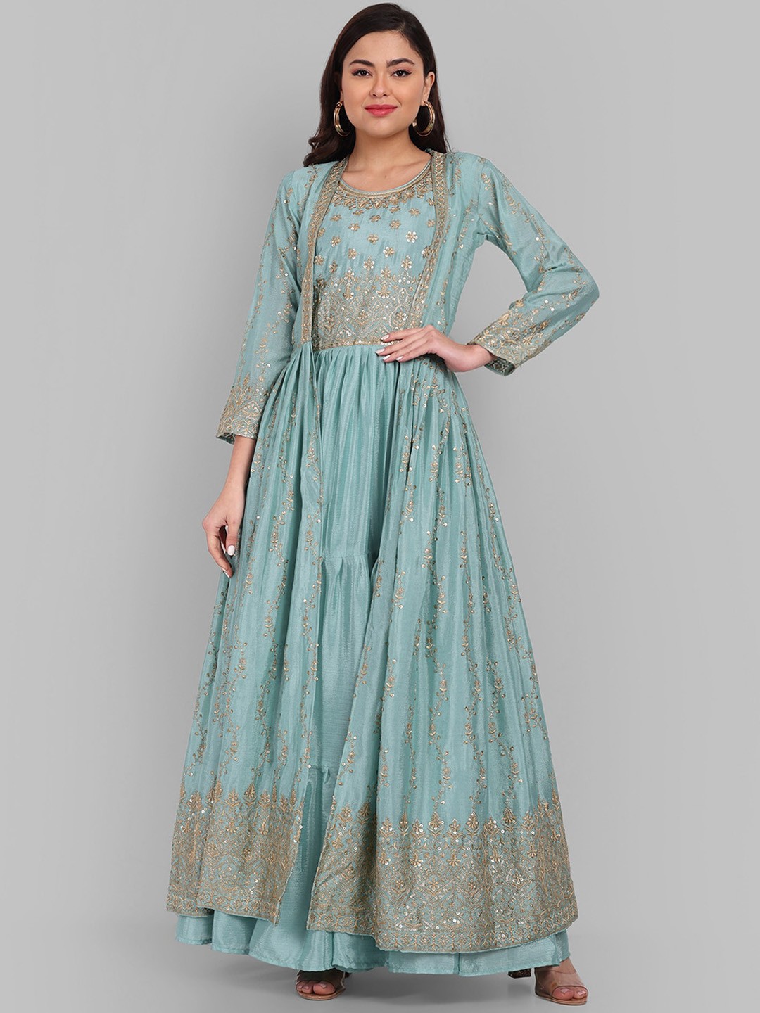 

Pakiza Ethnic Motif Embroidered Sequinned Anarkali Kurta With Shrug, Teal