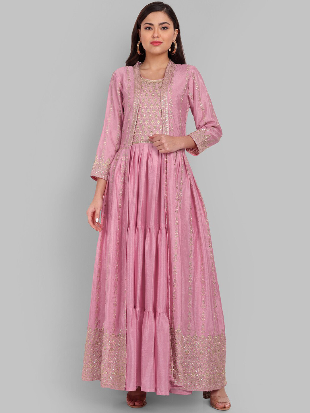

Pakiza Ethnic Motifs Embroidered Sequined Anarkali Kurta With Shrug, Pink