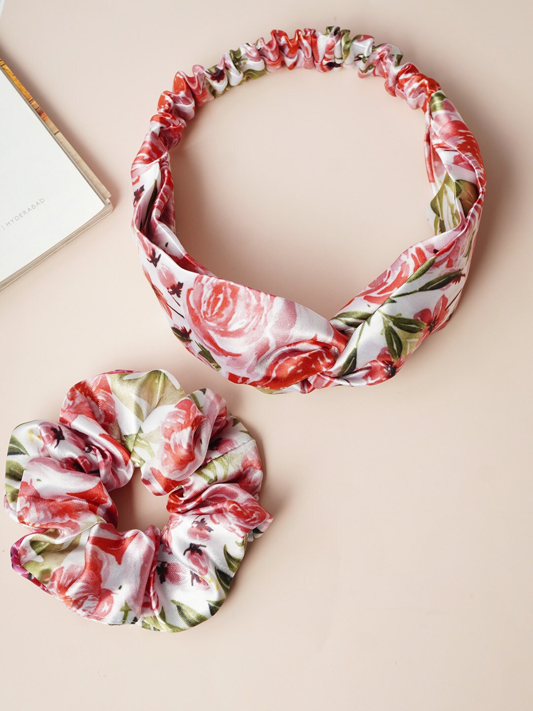 

Ferosh Women Set Of 2 Floral Printed Scrunchie & Hairband, Red