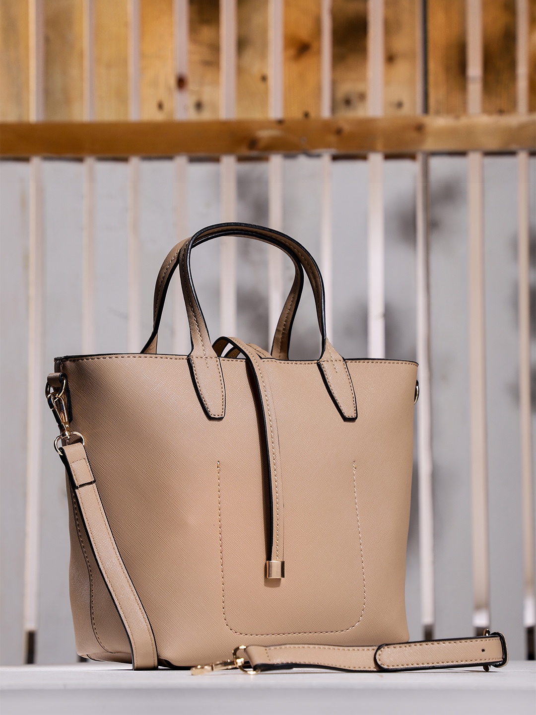 

DressBerry Beige Solid Small Tote Bag