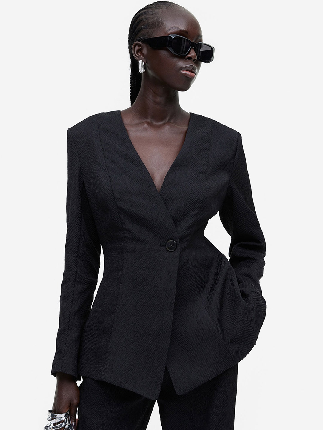 

H&M Textured-Weave Blazer, Black