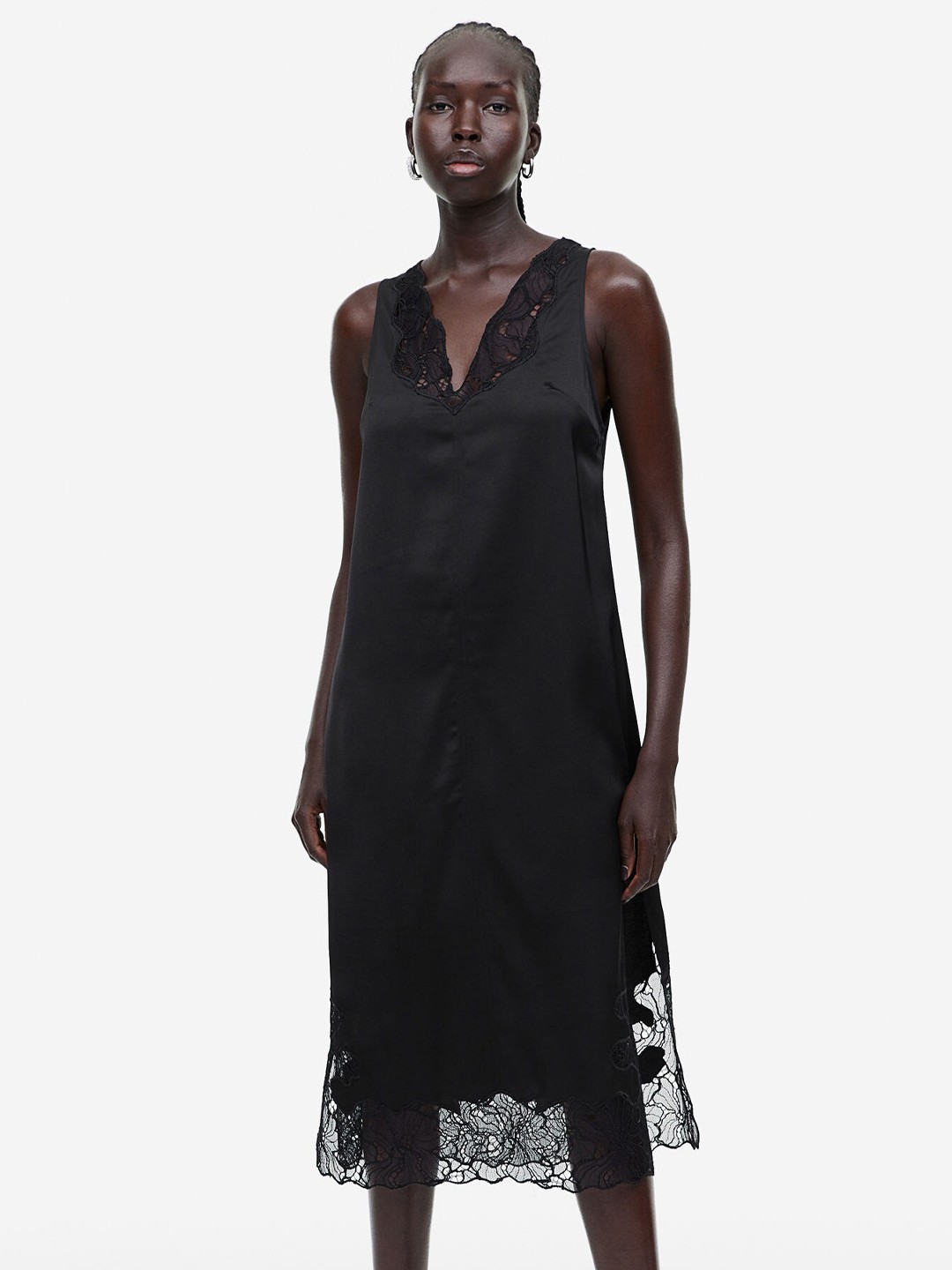 

H&M Lace-Detail Satin Dress, Black