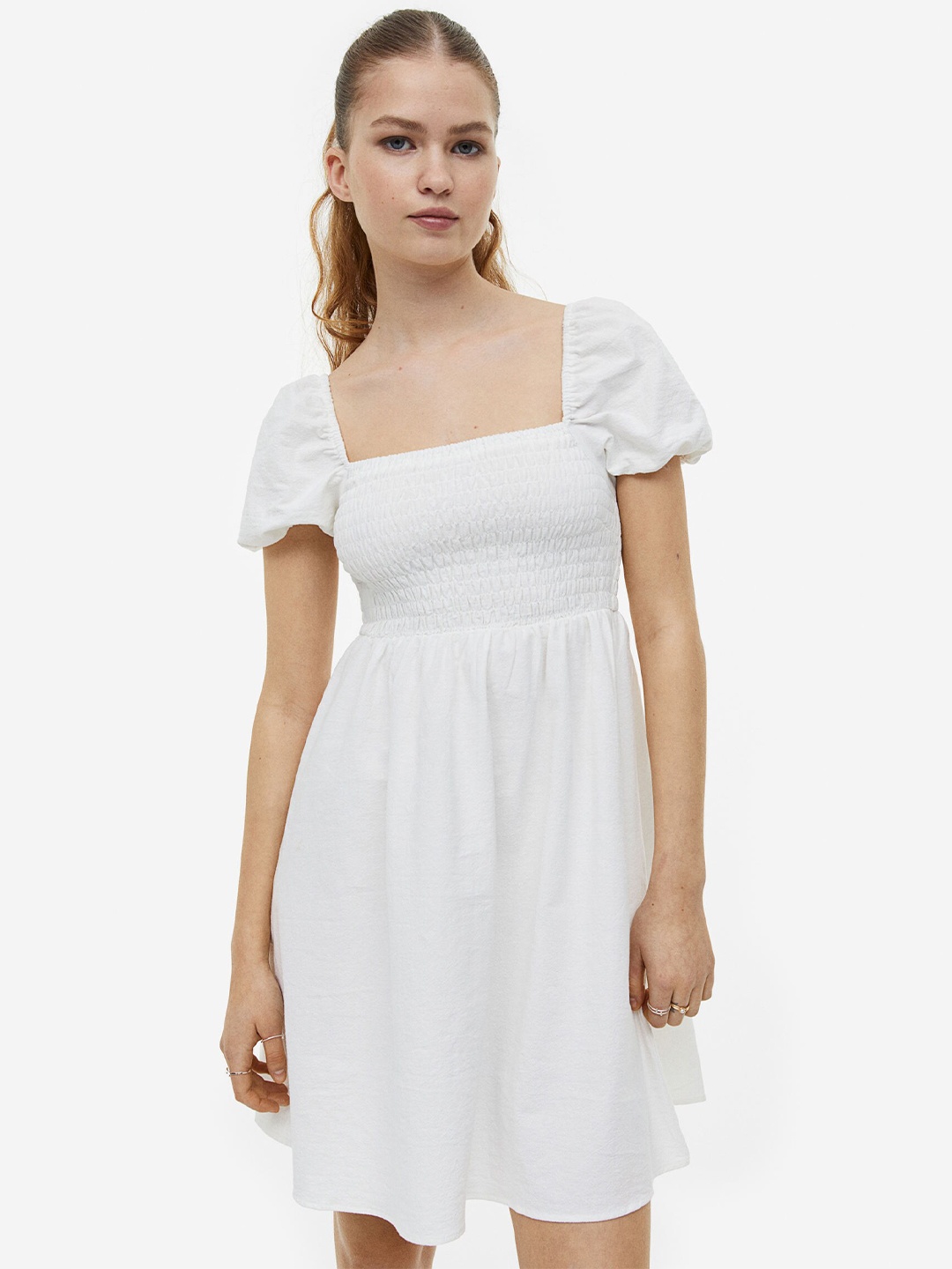 

H&M Smocked Cotton Dress, White
