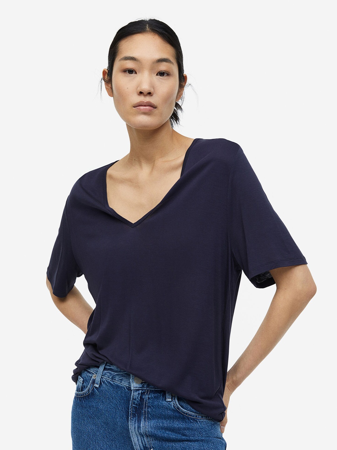 

H&M Women V-Neck T-shirt, Navy blue
