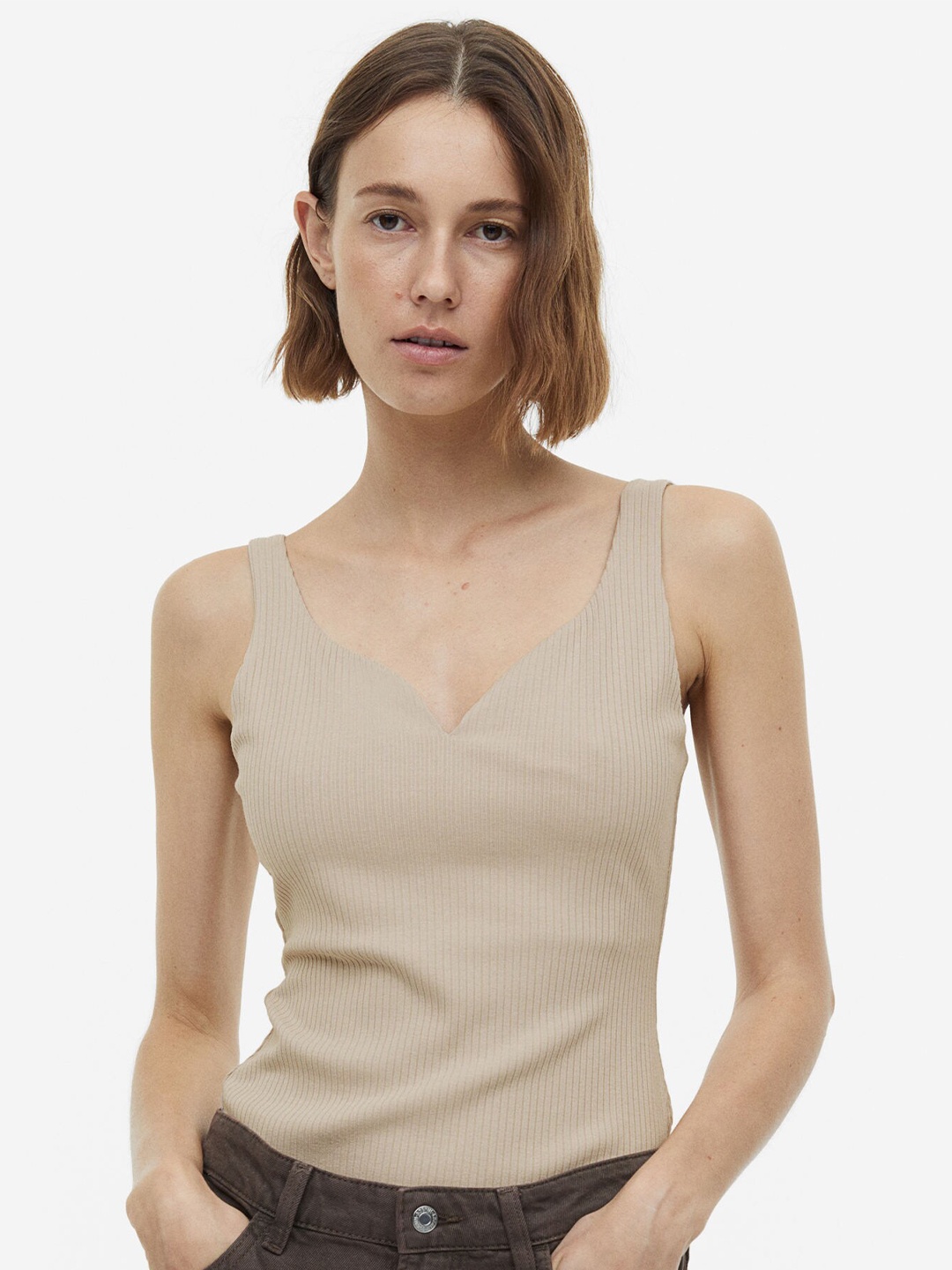 

H&M Women Ribbed Top, Beige