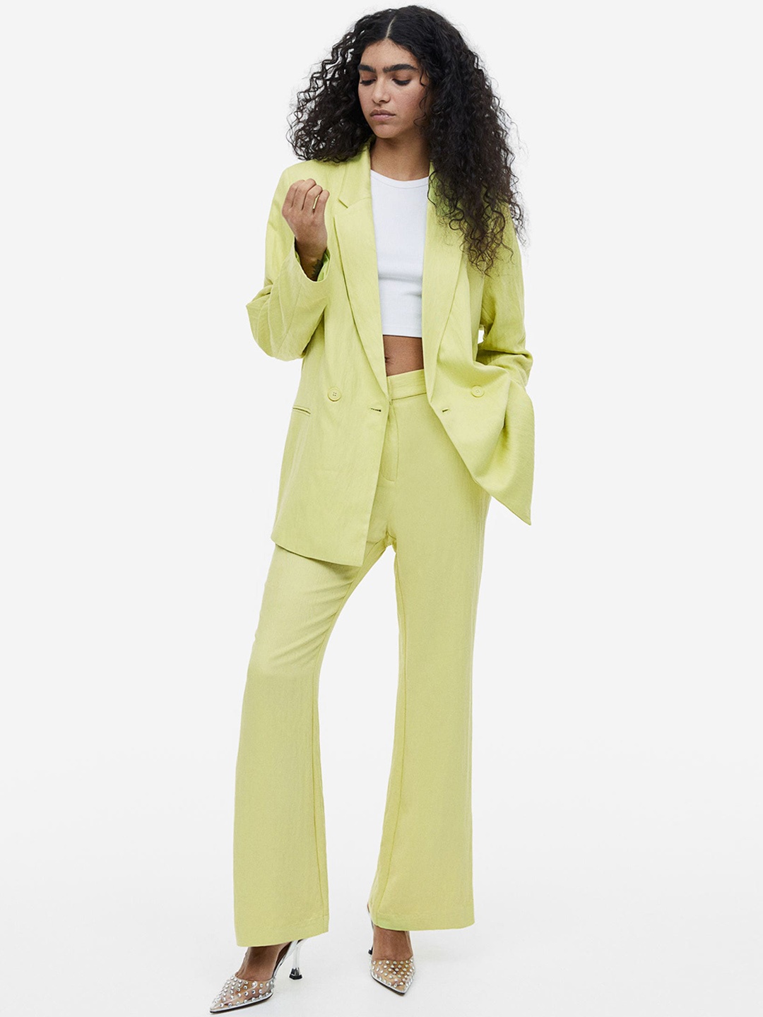 

H&M Women Flared Viscose Trousers, Lime green