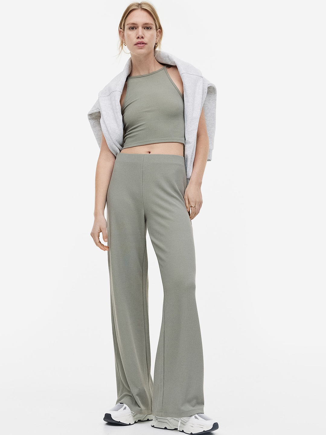 

H&M Women Ribbed Jersey Trousers, Sea green