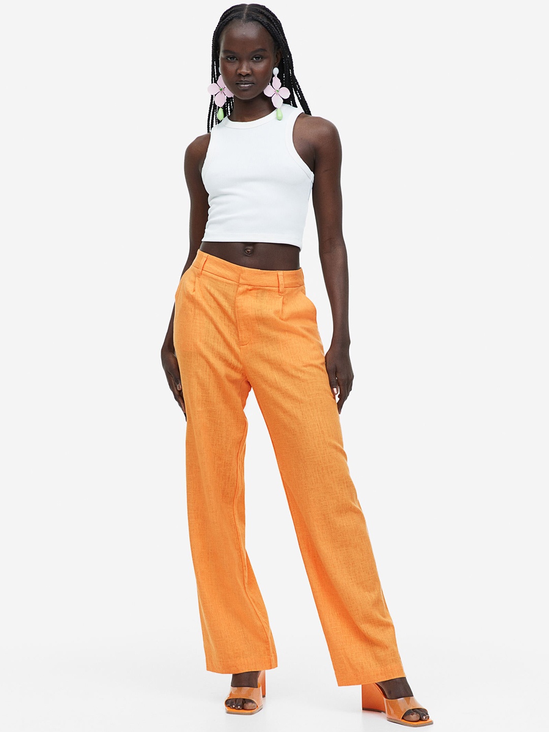 

H&M Women Linen-Blend Tailored Trousers, Orange