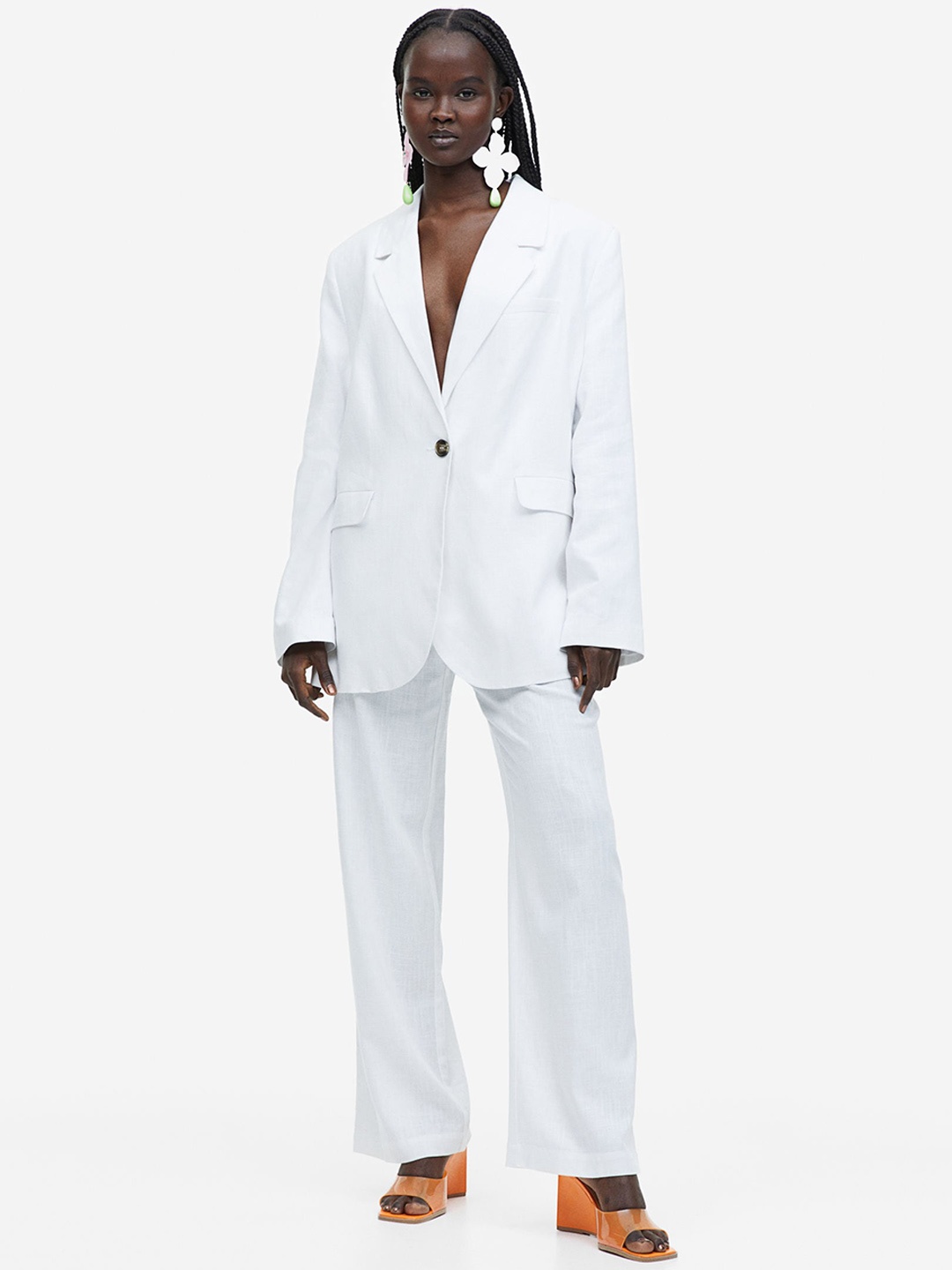 

H&M Women Linen-Blend Tailored Trousers, White