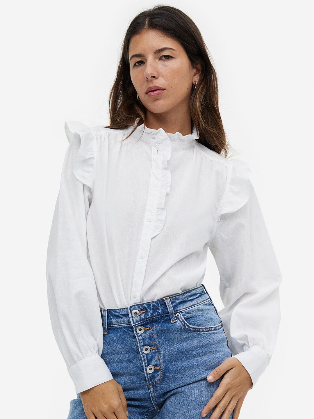 

H&M Frill-Trimmed Linen-Blend Blouse, White