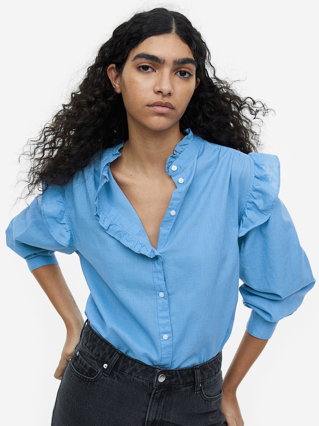 

H&M Women Frill-Trimmed Linen-Blend Blouse, Blue