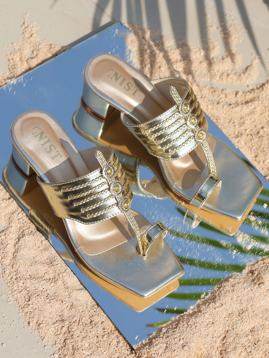 

GNIST Embellished Ethnic Kolhapuri Open Toe Slip On Block Heels, Gold