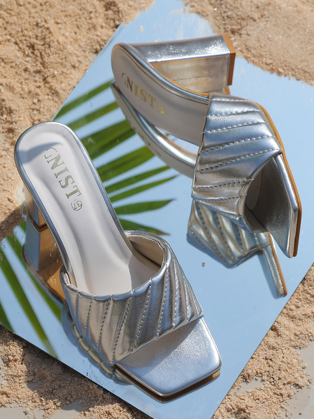 

GNIST Slip On Peep Toes Block Heels, Silver