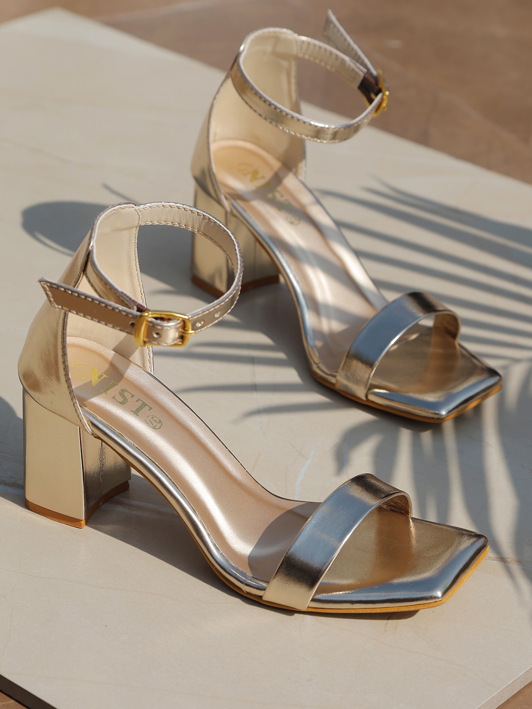 

GNIST Slip On Peep Toes High-Top Ankle Strap Block Heels With Buckles, Gold