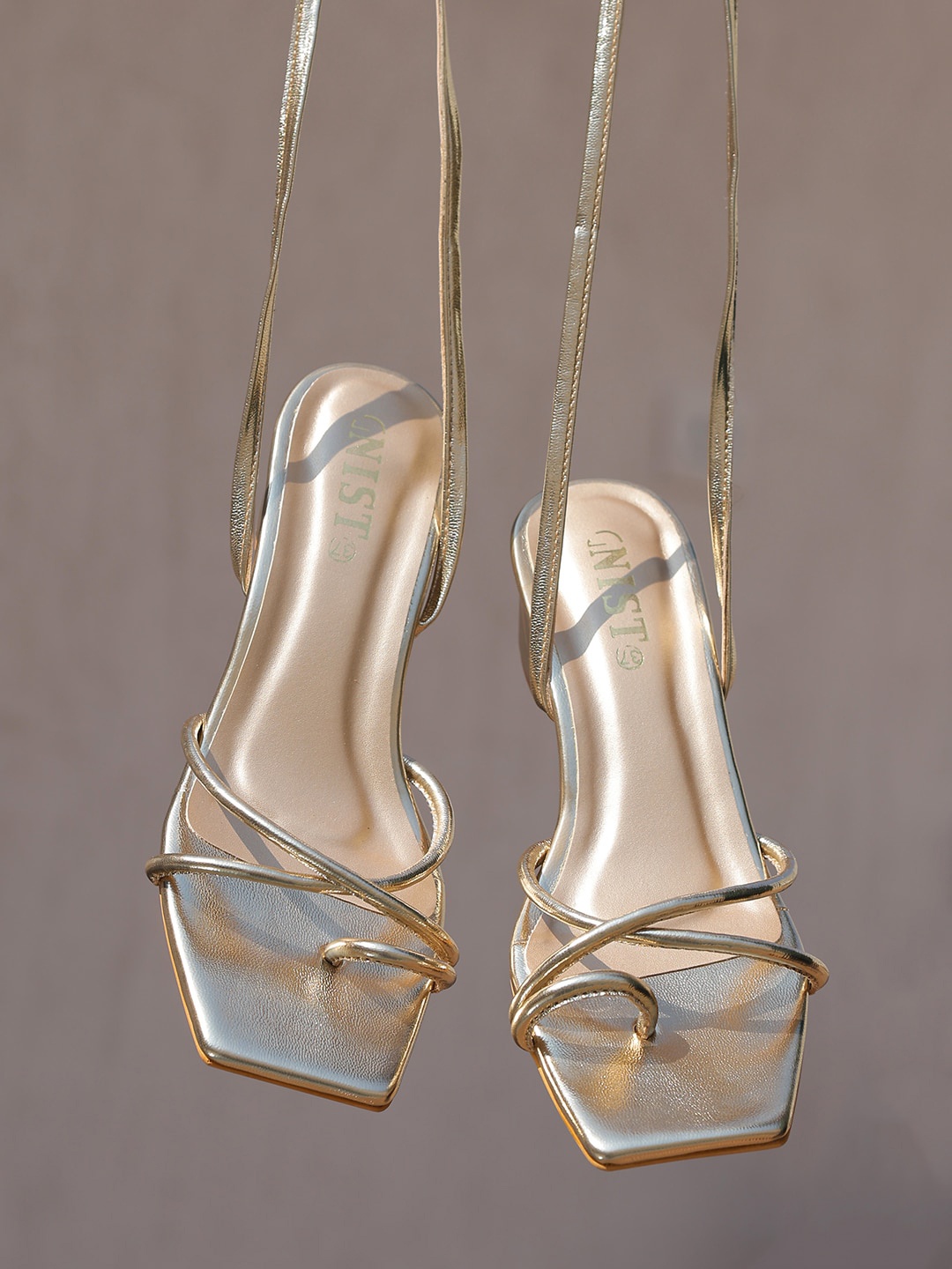 

GNIST Open Toe Tie up Gladiator Block Heel, Gold