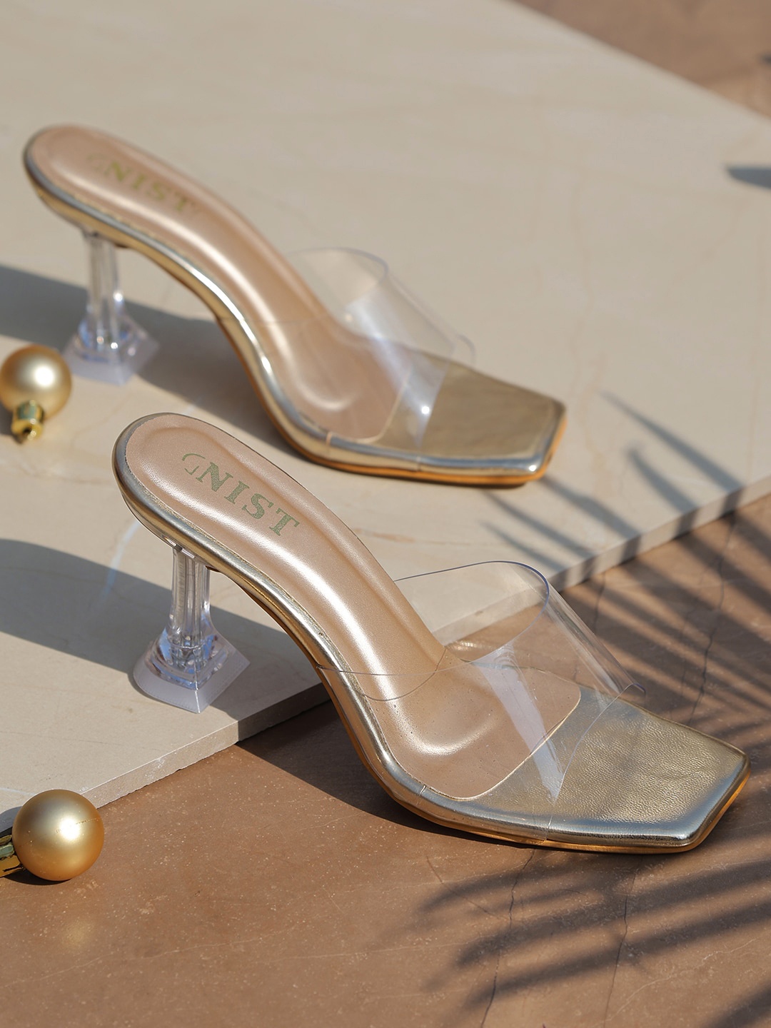 

GNIST Peep Toes Slip On Stiletto Heels, Gold