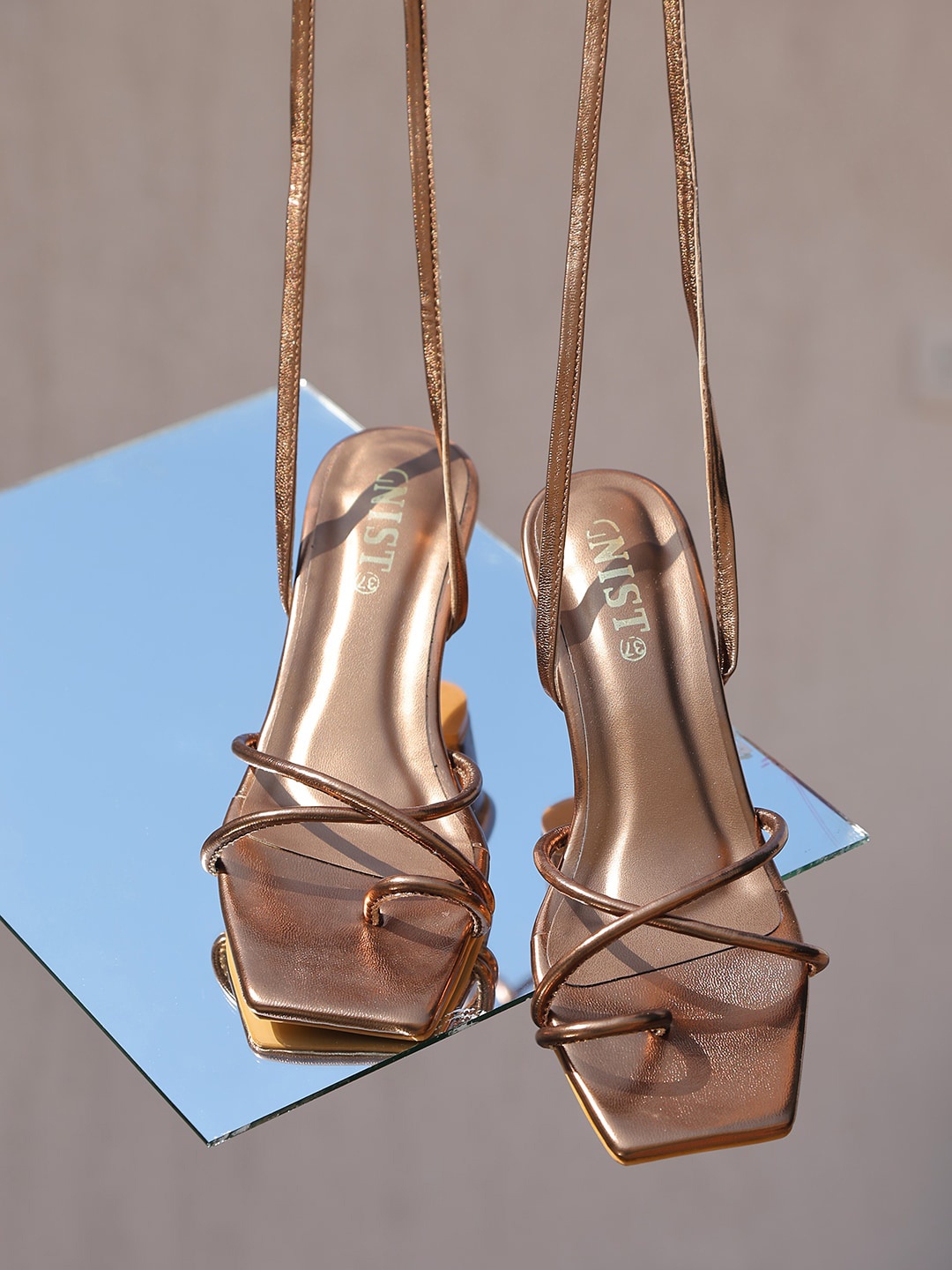 

GNIST Open Toe Tie up Gladiator Block Heel, Copper