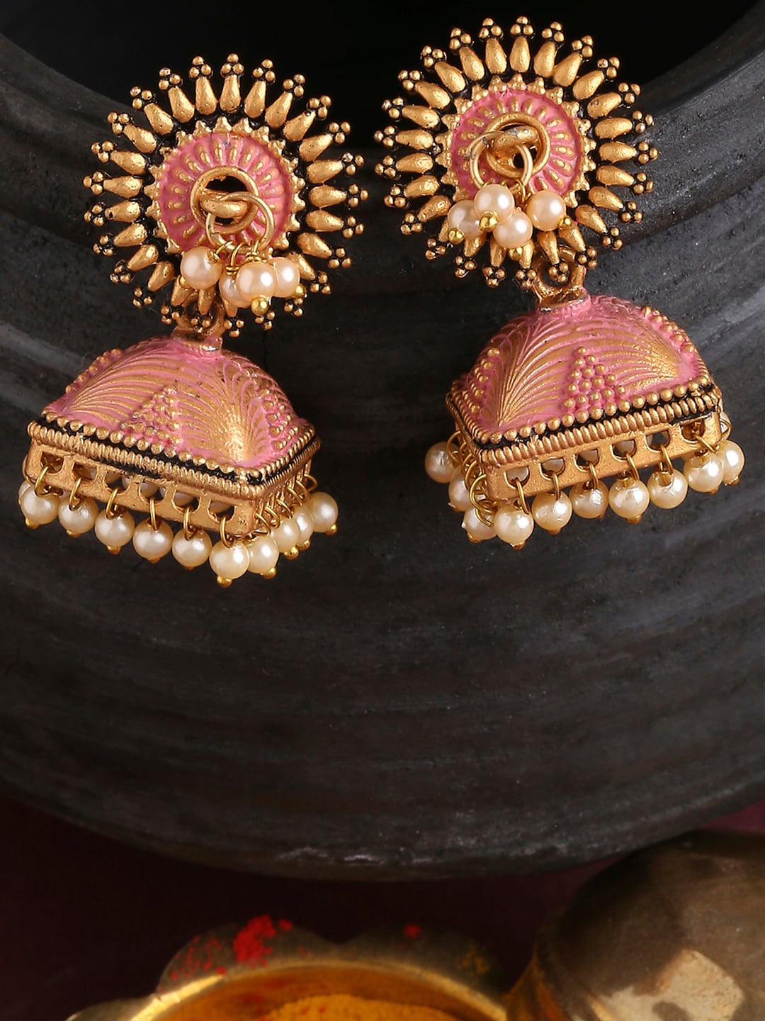 

Mallepula Gold-Plated Dome Shaped Jhumkas Earrings, Off white
