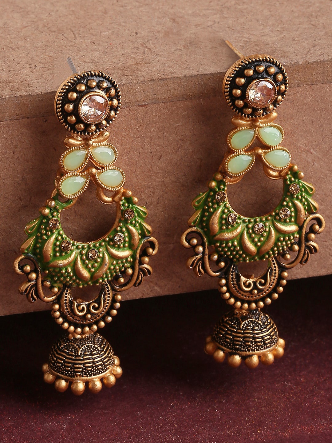 

Mallepula Gold-Plated Meenakari Oxidized Jhumkas Earrings