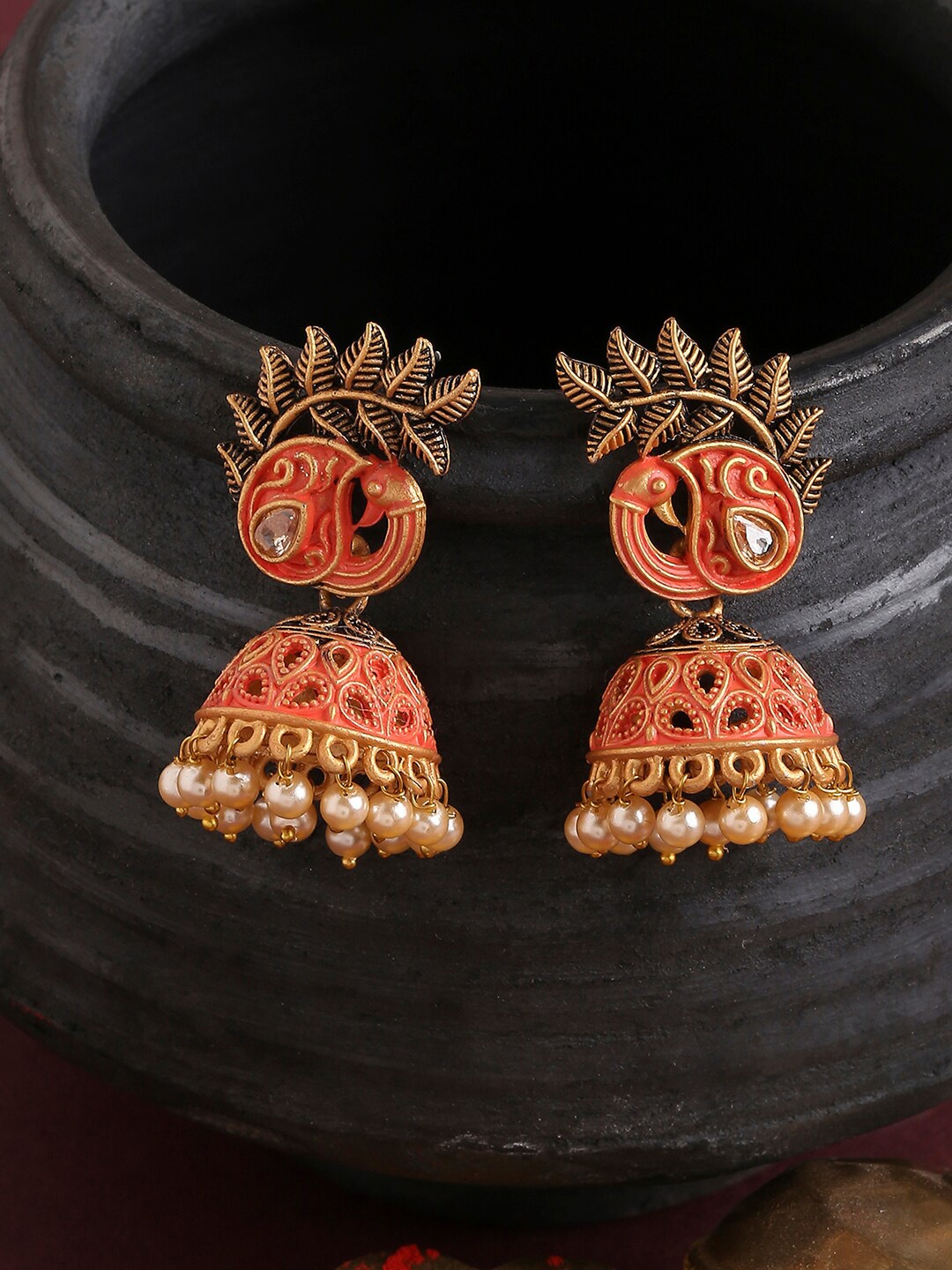 

Mallepula Gold-Plated Meenakari & Pearls Peacock Design Jhumkas Earrings