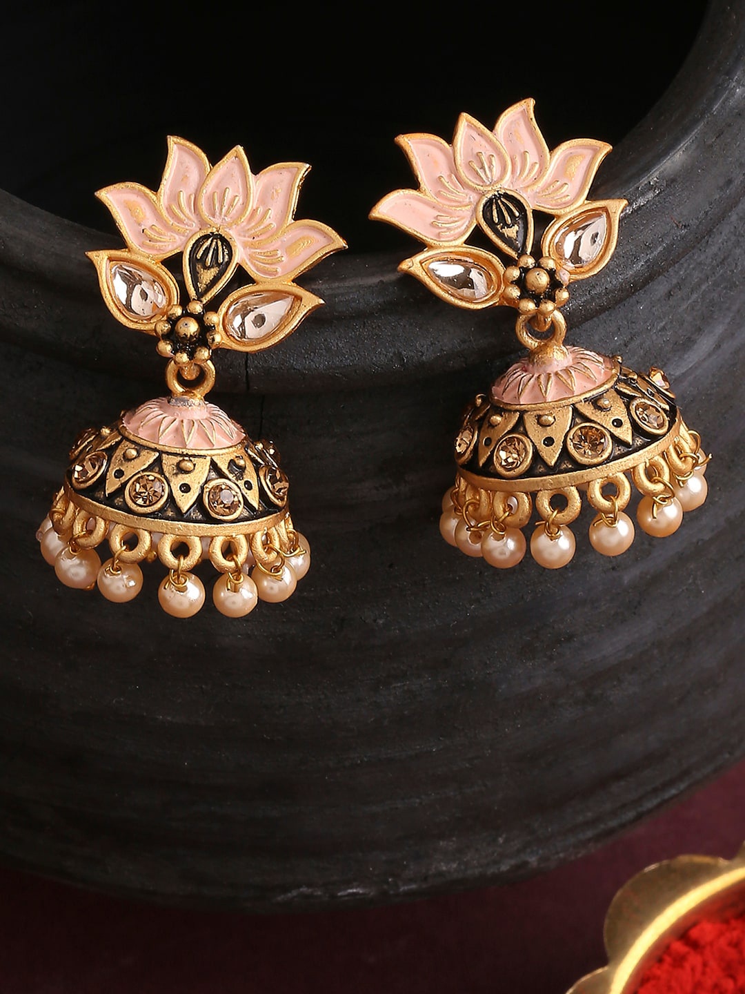 

Mallepula Gold-Plated Meenakari & Pearl Jhumkas Earrings