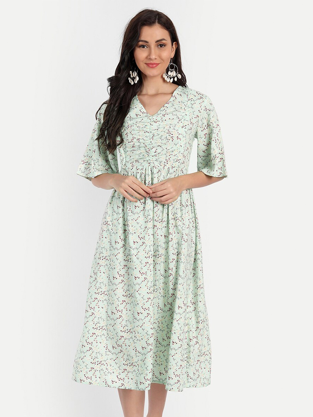 

Aaruvi Ruchi Verma Floral Print Flared Sleeve Maternity Fit & Flare Midi Dress, Green