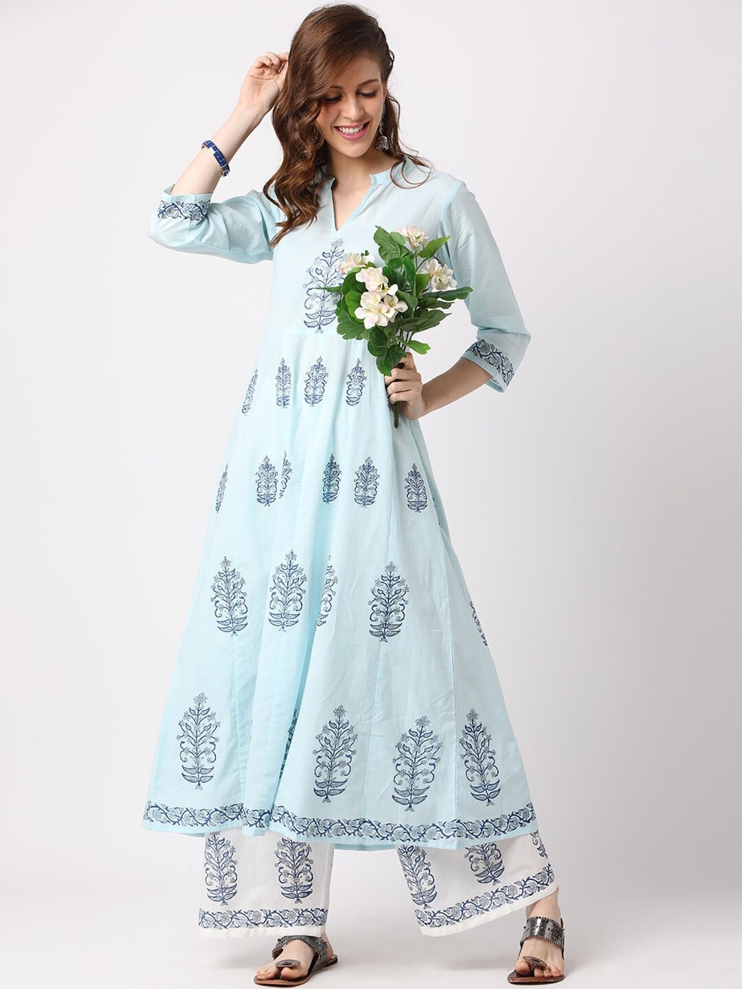 

THE NKS PLUS Ethnic Motifs Printed Screen Anarkali Pure Cotton Kurta with Palazzos, Blue