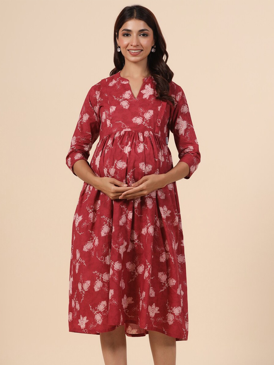 

CRAFIQA Floral Printed Maternity Pure Cotton Fit & Flare Midi Dress, Red