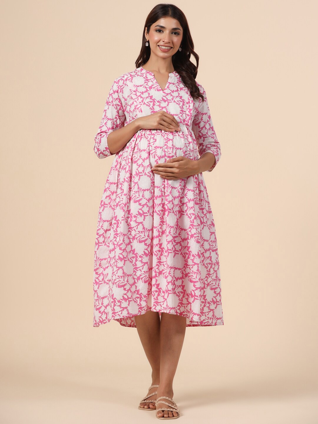 

CRAFIQA Floral Printed Maternity Pure Cotton Fit & Flare Midi Dress, Pink