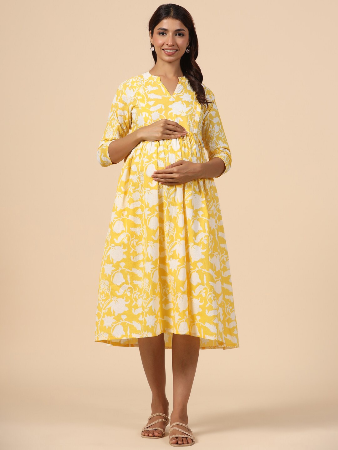 

CRAFIQA Floral Printed Maternity Pure Cotton Fit & Flare Midi Dress, Yellow