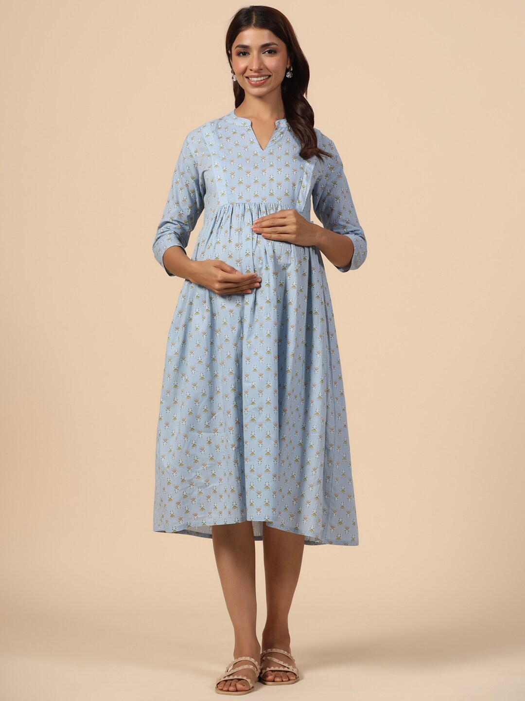 

CRAFIQA Floral Printed Maternity Pure Cotton Fit & Flare Midi Dress, Blue