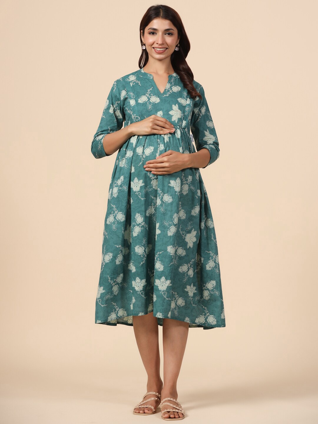 

CRAFIQA Floral Print Maternity Fit & Flare Midi Dress, Green