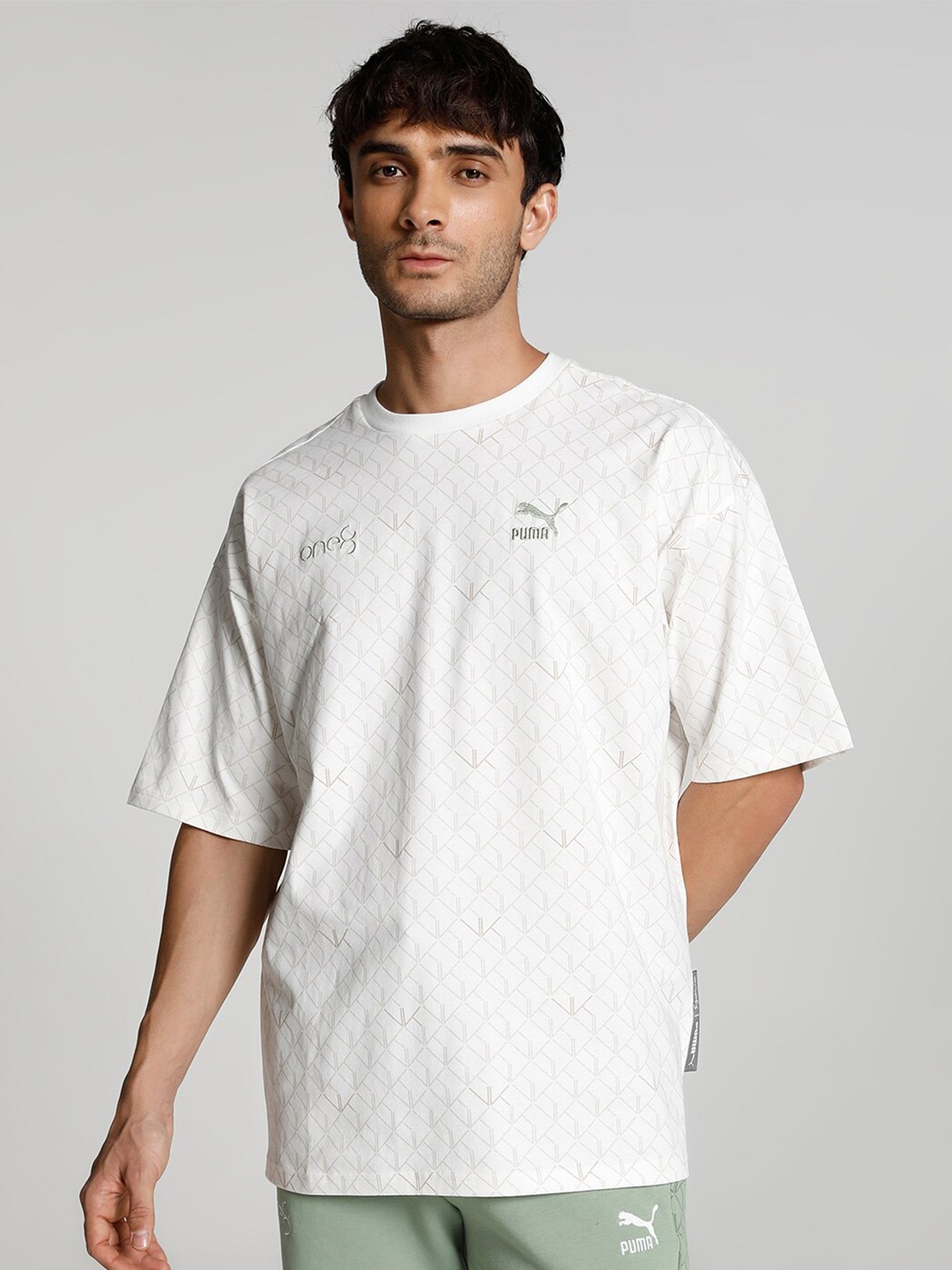 

one8 x PUMA Geometric Printed Drop- Shoulder Sleeves Cotton Oversized Fit T-shirt, White