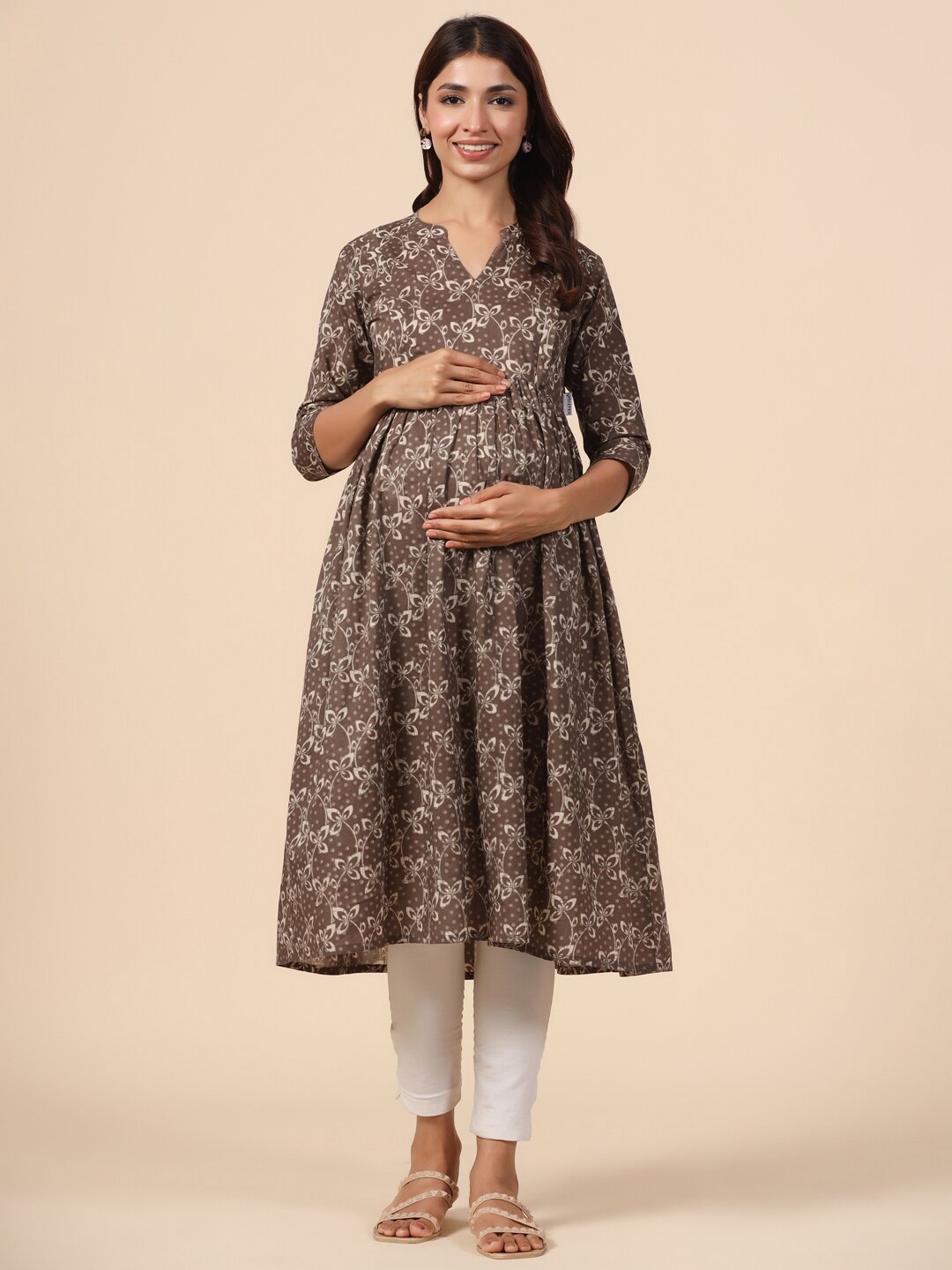 

CRAFIQA Floral Printed Maternity Pure Cotton Anarkali Kurta, Brown