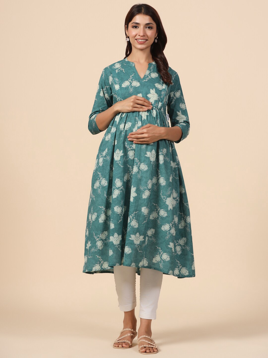

CRAFIQA Floral Printed Maternity Anarkali Pure Cotton Kurta, Green