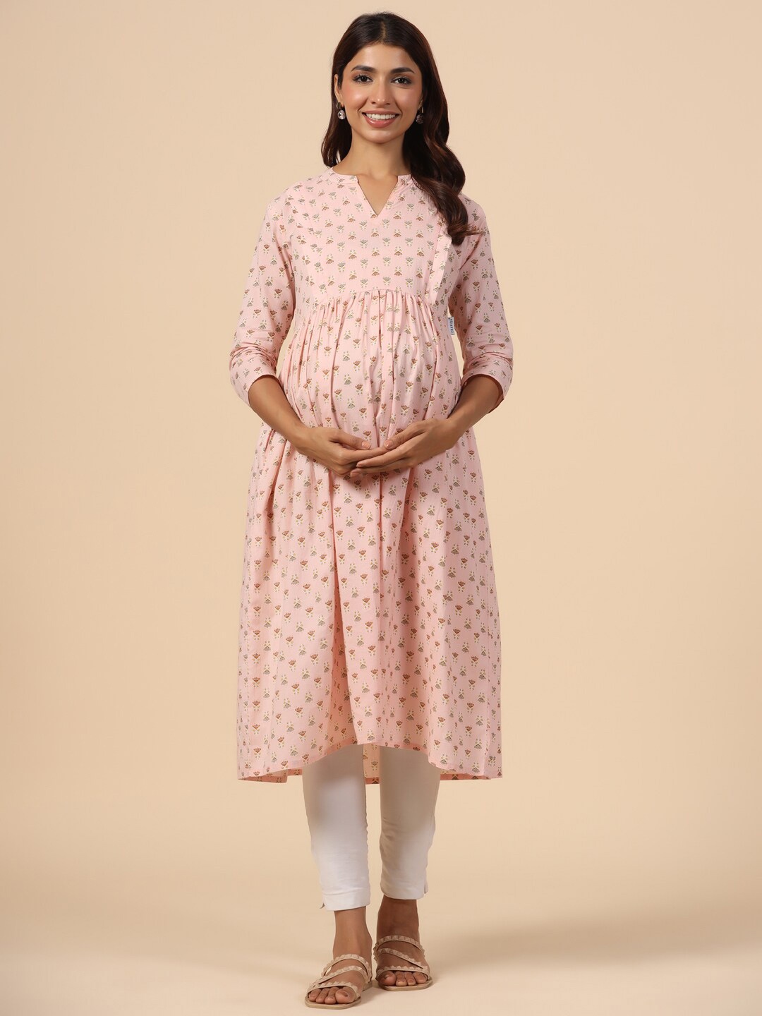 

CRAFIQA Maternity Ethnic Motifs Printed Band Collar Pure Cotton Empire A-Line Kurta, Pink