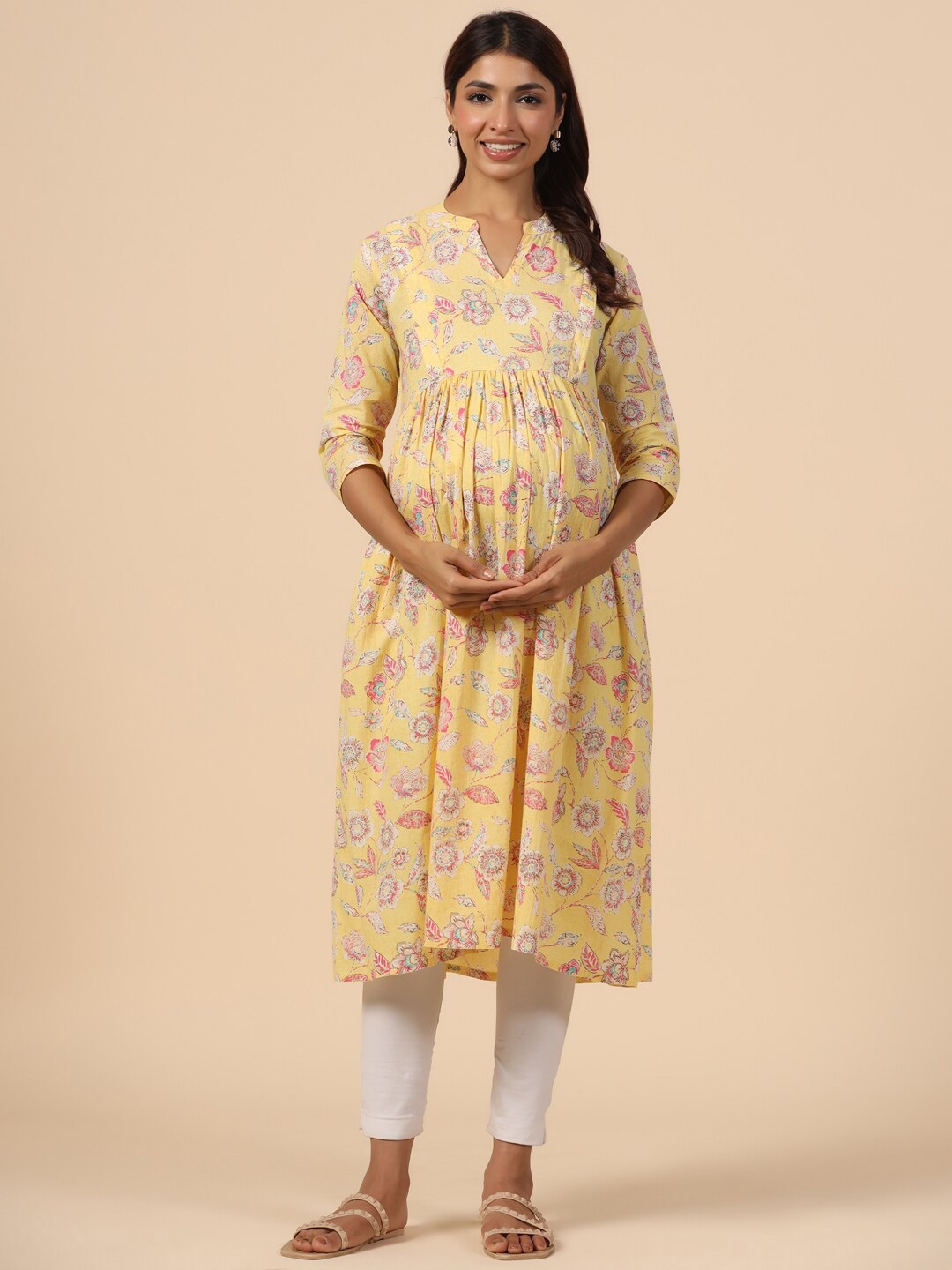 

CRAFIQA Maternity Floral Printed Mandarin Collar Pure Cotton Anarkali Kurta, Yellow