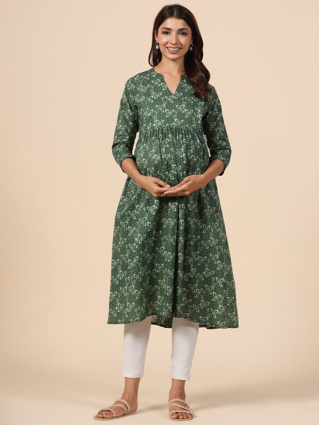 

CRAFIQA Floral Printed Pure Cotton Maternity Anarkali Kurta, Green