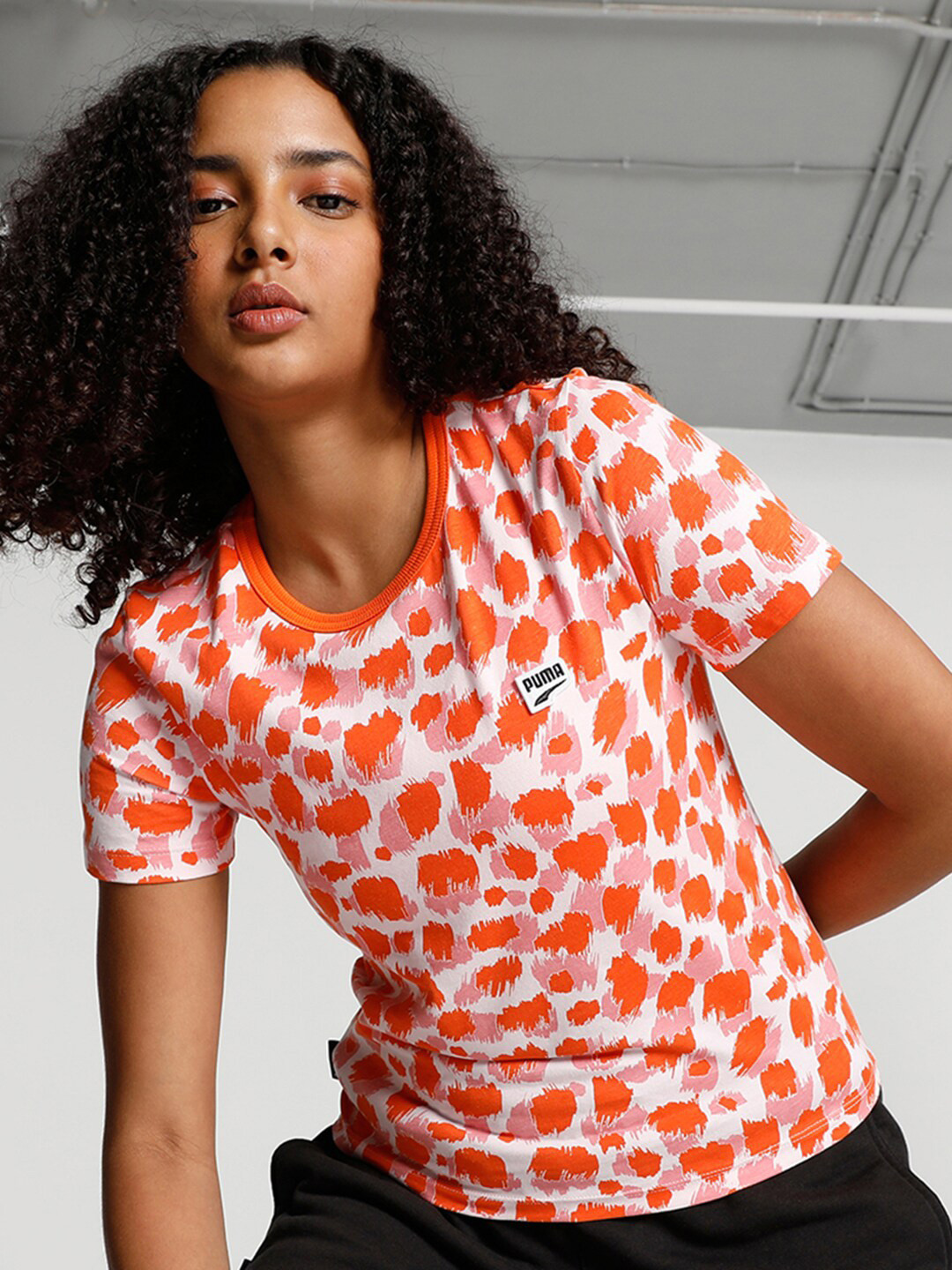 

Puma Women DOWNTOWN Printed Slim Fit Cotton T-Shirt, Orange