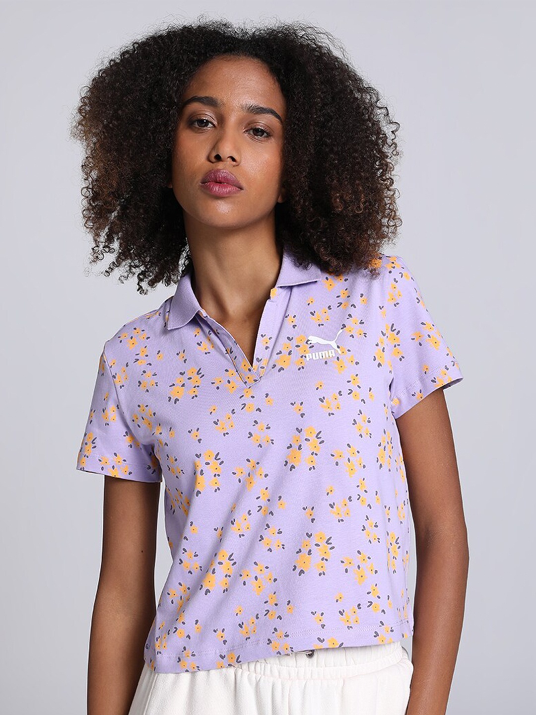 

Puma Women AOP Printed Polo Collar Regular fit Cotton T-Shirt, Pink
