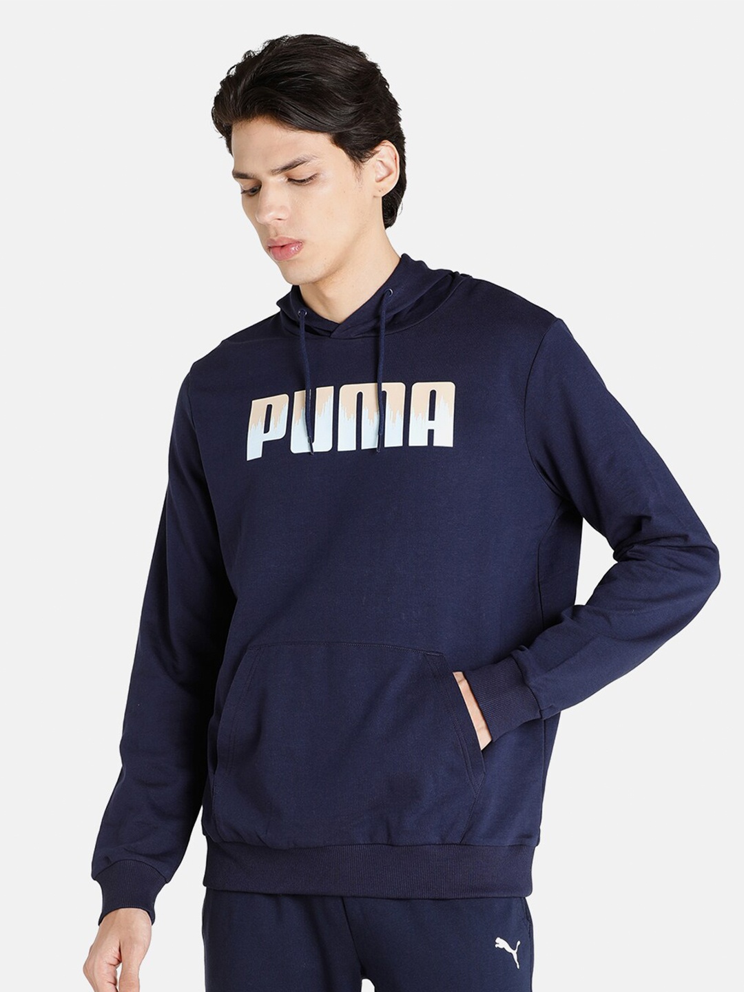 

Puma Men Brand Logo Printed Cotton Hooded Regular Fit Sweatshirt, Navy blue
