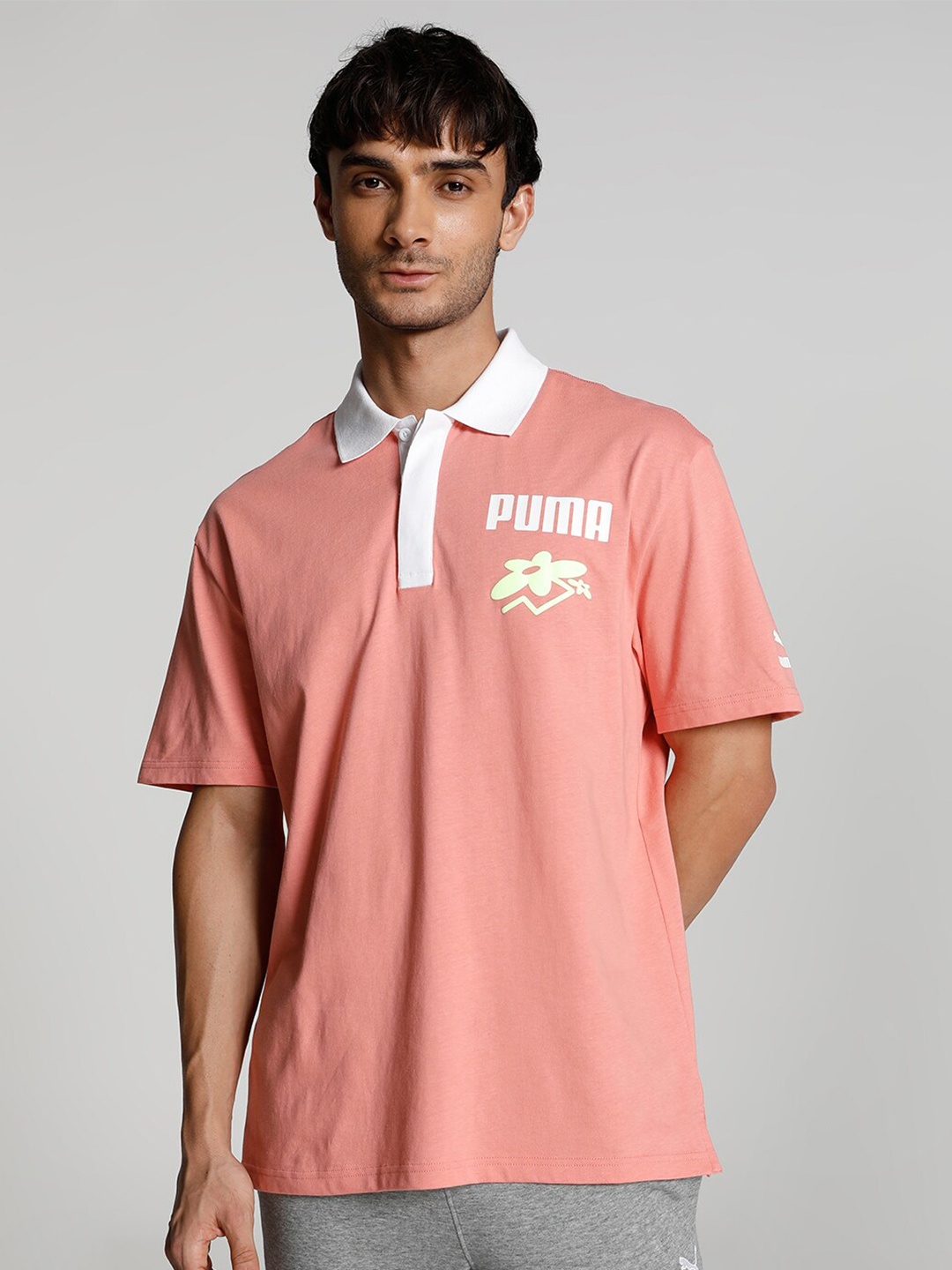 

Puma X 1DER Brand Logo-Printed Cotton Knitted Polo Collar T-Shirt, Pink
