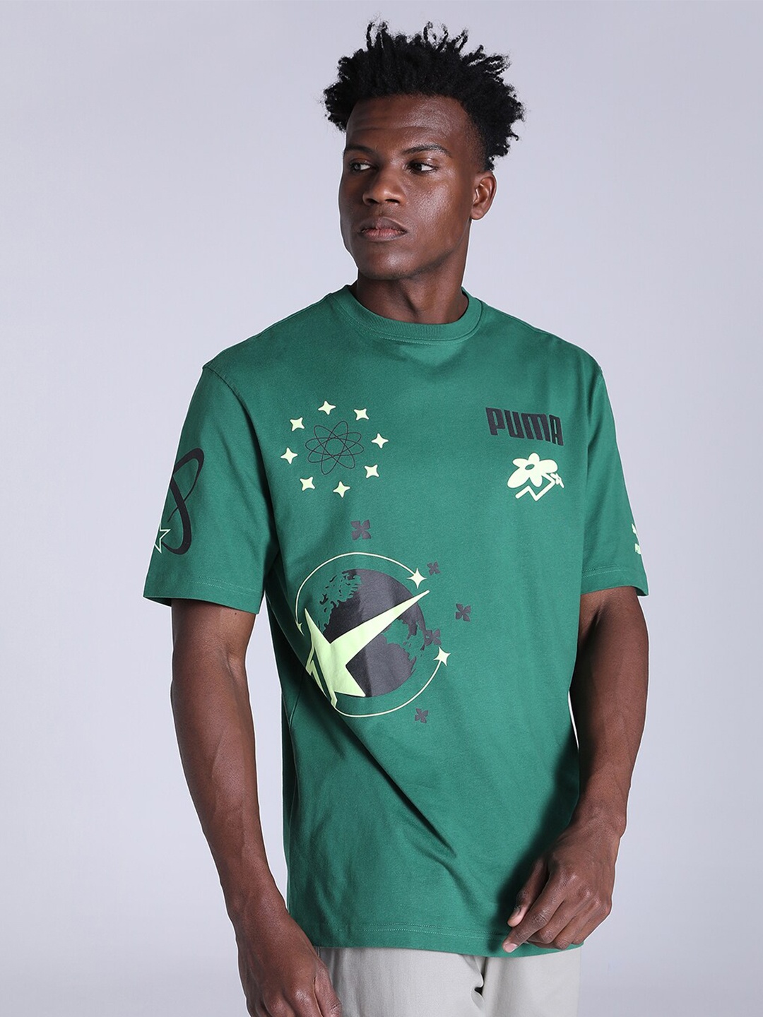 

Puma X 1DER Men Classic Graphic Printed Relaxed-Fit Cotton T-Shirt, Green