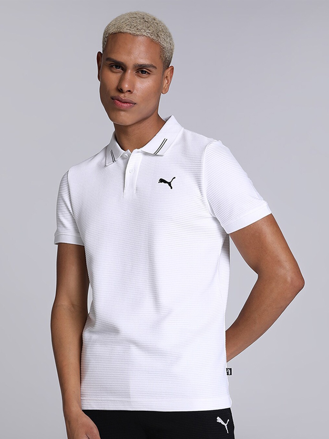 

Puma Men Ottoman Polo Collar Brand Logo Printed Slim Fit Cotton T-Shirt, White